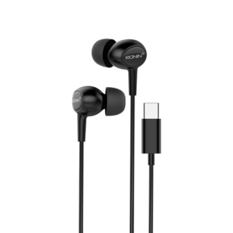 Ronin R-9 Type-C wired handsfree black earphones with USB-C connector, in-ear design and built-in microphone