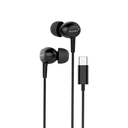 Ronin R-9 Type-C wired handsfree black earphones with USB-C connector, in-ear design and built-in microphone
