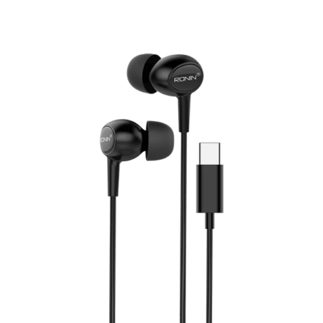Ronin R-9 Type-C wired handsfree black earphones with USB-C connector, in-ear design and built-in microphone